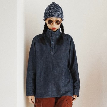 藏青白色條紋 中性半開領套頭衫 進口針織彈力面料 按扣款