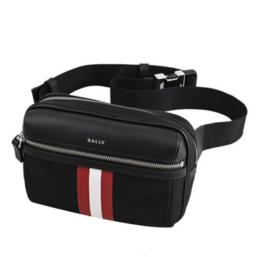 BALLY 6302615 THATE 浮雕LOGO條紋肩斜背胸口/腰包.黑
