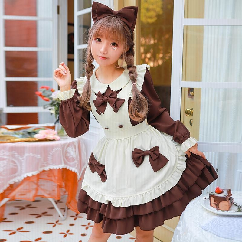 メイド服 エプロン コスプレ 甘ロリータ 3点セット 半袖 長袖