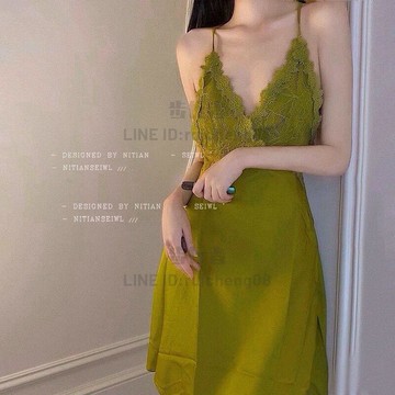 女士睡裙性感蕾絲誘惑吊帶冰絲睡裙帶胸墊薄款純欲家居服【步行者戶外生活館】