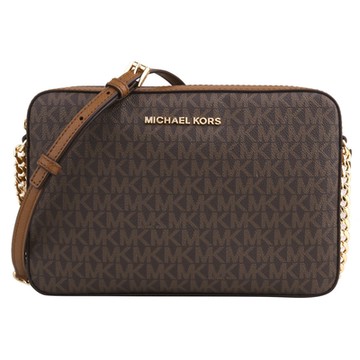 MICHAEL KORS  金字防刮LOGO皮革拉鍊斜背方包(深咖X咖邊)