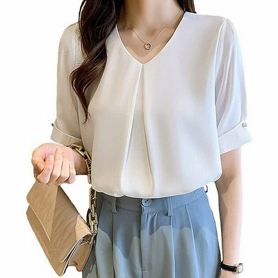 レディースファッション ブラウス オフィス ホワイト 半袖 シャツ Vネック 白ブラウス ゆったり 無地 カジュアル 事務服 夏 Ol 通勤 通販 Lineポイント最大get Lineショッピング