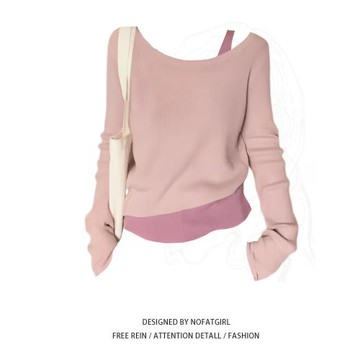 大碼胖妹妹設計感圓領假兩件長袖針織衫女早秋小眾套頭內搭上衣潮