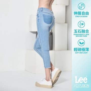 Lee 418 涼感 彈性中腰修身窄管七分牛仔褲 女 中藍 LL210084AVU