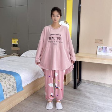 秋冬字母加肥大碼睡衣女海島絨長袖長褲雙面絨胖mm休閑家居服套裝