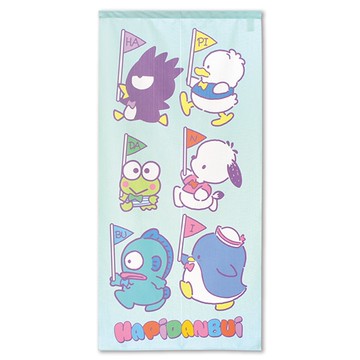 小禮堂 Sanrio大集合 日製 棉麻長門簾 穿桿門簾 擋簾 窗簾 遮光簾 72x150cm (綠 舉旗) 4943741-944065