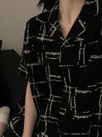 黑色幾何夏季情侶睡衣短袖短褲純棉簡約寬松男女時尚家居服兩件套【木屋雜貨】