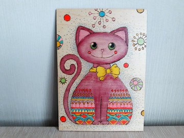 小猫儿童木标志 * 生日礼物 * 木材上明亮的火雕画