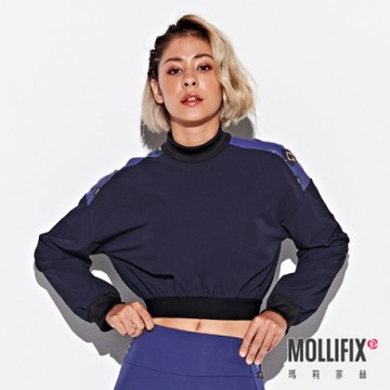 Mollifix 瑪莉菲絲 小立領短版長袖上衣 (藏青+豹紋藍) 暢貨出清