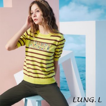 LUNG.L林佳樺 黃色搭配咖啡色條紋女裝短袖針織衫L851A