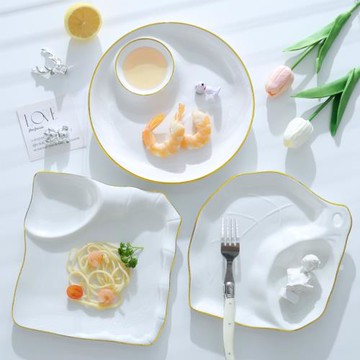 歐式金邊餐具餃子盤圓形帶醋碟吃水餃專用盤子壽司菜盤薯條裝蝦盤