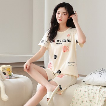 【韓國K.W.】KQN4527韓國空運個性少女涼爽棉短袖睡衣套裝(套裝/棉麻/家居套裝/小香風/涼感)