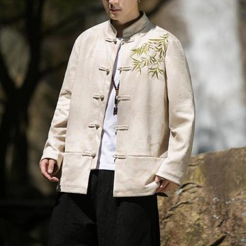 麂皮絨外套男中國風竹子刺繡唐裝春秋復古盤扣改良漢服新中式男裝