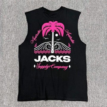 潮男款印花沙灘背心運動歐美寬松水洗全棉旅游圓領汗背心無袖t恤