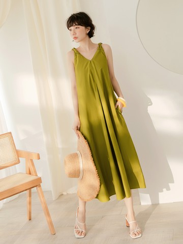 高含棉肩帶扭結無袖A-Line長洋裝