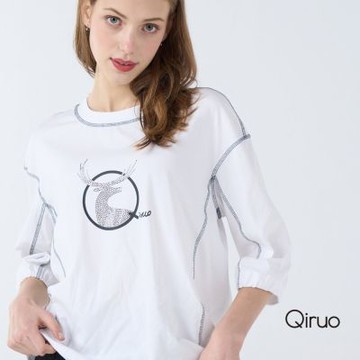 Qiruo 奇若秋冬專櫃七分袖白色上衣 7042A 麋鹿休閒上衣