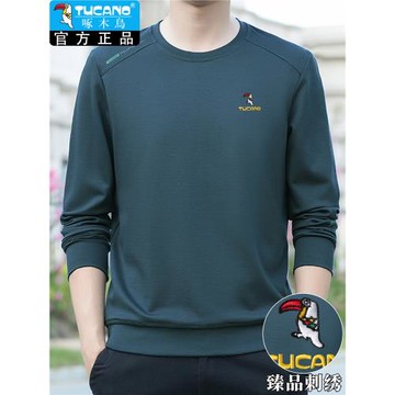 啄木鳥刺繡衛衣男士春秋季薄款圓領長袖T恤棉質休閑大碼打底衫男