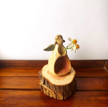 娃娃香插燭台-天使香插燭座-小花插-手作陶-香插座