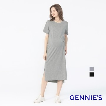 Gennies奇妮 絲光純色扭結孕婦洋裝(黑T1L08)