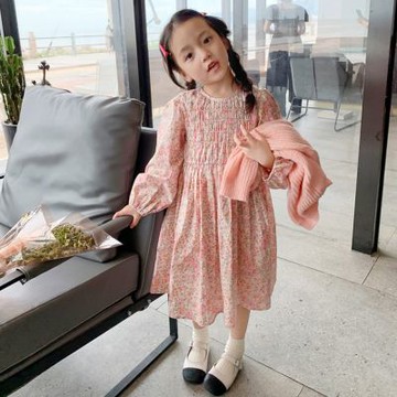 粉嫩碎花抓皺長袖洋裝 連身裙 連衣裙 女童 童裝 兒童 橘魔法 現貨【BB8779】