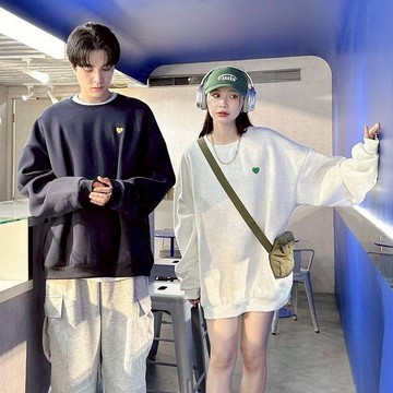 WP|微笑愛心刺繡情侶大學T 情侶衣 大學T 長袖上衣 深藍/淺灰/麻白 81076