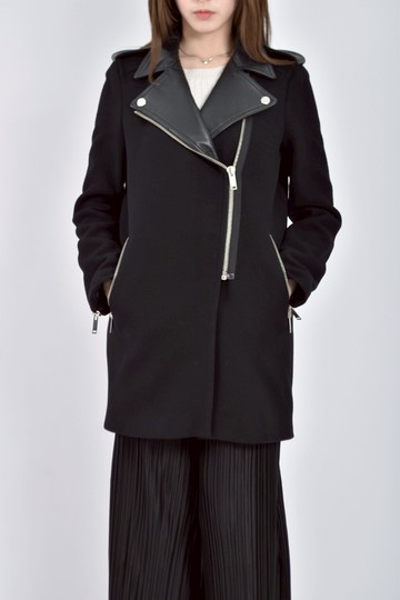 (L) zara質感羊毛皮革絨布拼接長版黑色外套