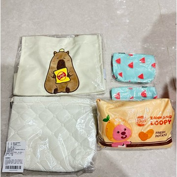 樂事x卡皮水豚質感手提袋ZANMANG LOOPY折疊旅行袋 LOOPY造型野餐墊 綺紋手拿收納包 西瓜零錢包 卡皮巴拉