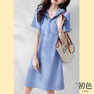 初色 抽繩連帽連身T恤洋裝-藍色-62340(M-2XL可選)