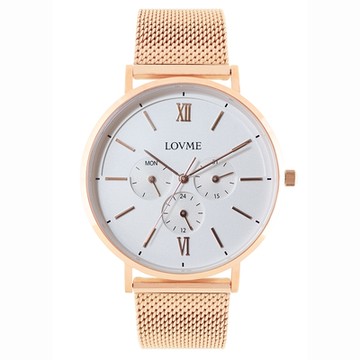 LOVME 1089系列三眼米蘭錶帶禮盒時尚手錶-IP玫x白/41mm