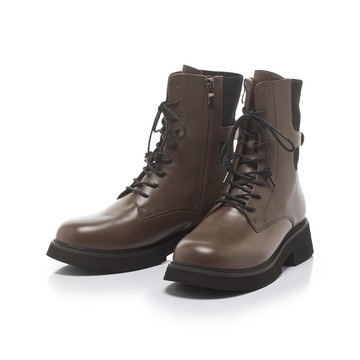 小時光 率性拼接織帶後釦中筒軍靴 深咖  (7M3108)