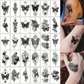👑大邱紋身👑🇹🇼現貨 直式黑白蝴蝶系列紋身貼套裝 紋身貼紙 刺青貼紙微刺青 假刺青 小清新 防水 紋身貼 刺青貼T28A