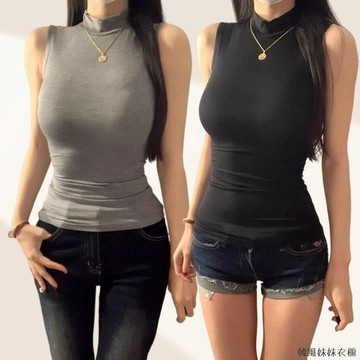 半高領上衣 莫代爾 無袖上衣 無袖背心女 緊身T 內搭打底衣 春秋新款大碼胖mm修身內搭打底衫上衣 HP1155