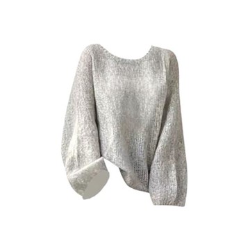 灰色圓領套頭軟糯馬海毛毛衣女秋冬加厚慵懶風寬松露肩針織衫上衣