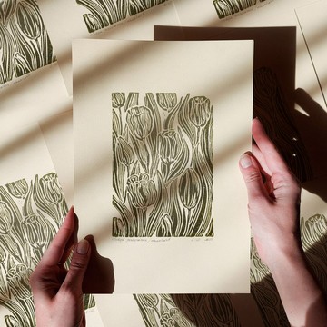 復古鄉村風鬱金香花卉 linocut 印刷品 植物主題臥室牆面藝術裝飾