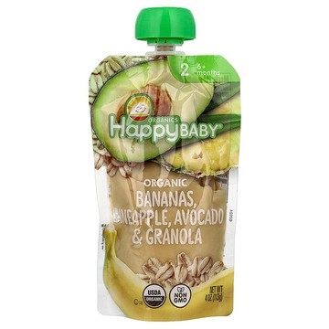 Happy Family Organics, Happy Baby®，有機嬰兒食品，6 個月以上，香蕉、菠蘿、鱷梨和格蘭諾拉麥片，4 盎司（113 克）