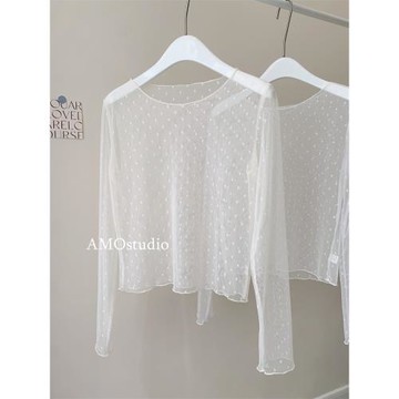 愛心波點圓領蕾絲打底衫女短款網紗長袖透輕薄韓系疊穿內搭白色