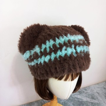 薄荷黑巧小熊帽 皮草毛線帽  手鉤編織帽