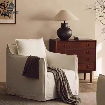 北歐 侘寂風 亞麻布藝單人沙發民宿酒店客廳美式復古 沙發椅 可拆洗qxm8091