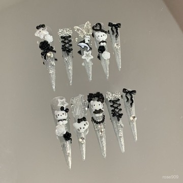 ✨Hannah✨爆閃5.5超長尖黑白kt綁帶辣妹穿戴甲y2k韆禧kt控手工製作可反複純手工穿戴甲 HJZ3