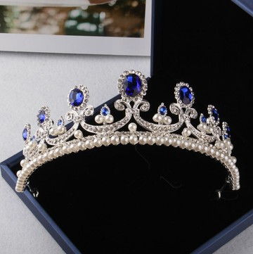 新款新娘皇冠 結婚頭飾 婚紗皇冠發飾 珍珠水鉆藍色皇冠韓式2022