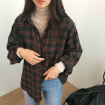 秋裝韓國chic港味格紋磨毛長袖襯衫上衣女百搭寬松顯瘦polo領襯衣1入