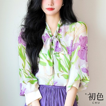 初色  花卉印花蝴蝶結細帶襯衫休閒上衣-花色-66550(M-2XL可選)