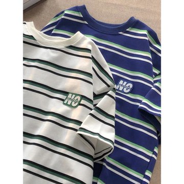 港風夏季日系ins潮流復古條紋寬松男女青年學生文藝短袖T恤情侶裝