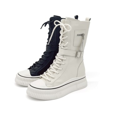 真皮 中筒靴 厚底靴 休閒靴 霧感甜心皮帶增高中筒靴休閒靴 ROBINLO (PATRICK 香草奶白/墨流砂糖)