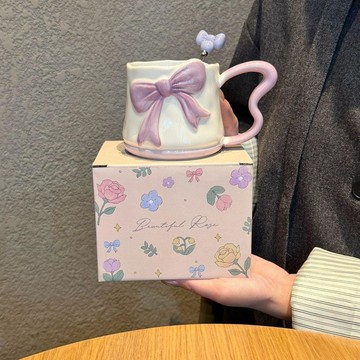 蝴蝶結馬克杯 女生生日禮物 可愛陶瓷杯 設計伴手禮 下午茶早餐杯 質感禮盒 蝴蝶結 陶瓷杯  大容量 馬克杯