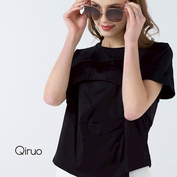 Qiruo 奇若春夏專櫃黑色短袖上衣1802A 前下擺不規則