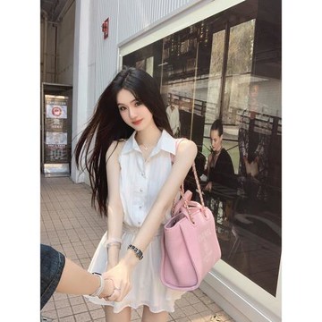 (免運)famouswang2025年春季新款初戀氣質溫柔風小白裙襯衫挖肩連衣裙