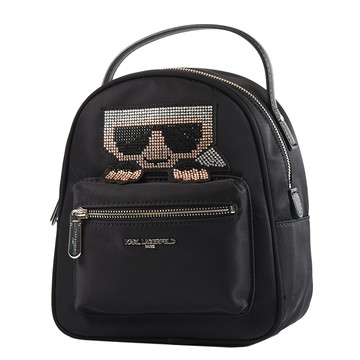 KARL LAGERFELD 銀字水鑽老佛爺尼龍拉鍊後背包-黑色/小