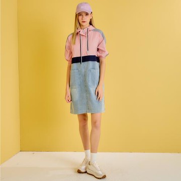 【YUTZUYA 優姿雅】防風小立領撞色拼接丹寧寬版連帽洋裝/連身裙