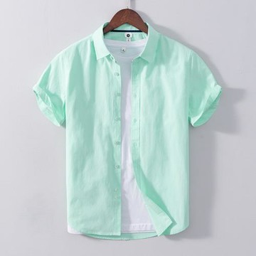 夏季男士短袖純棉襯衣翻領開衫純色工裝襯衫潮牌青年職業休閑寸衫